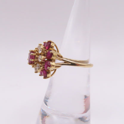 14K Yellow Gold Round Ruby and Diamond Tiered Cluster Ring Size 5 4.2g