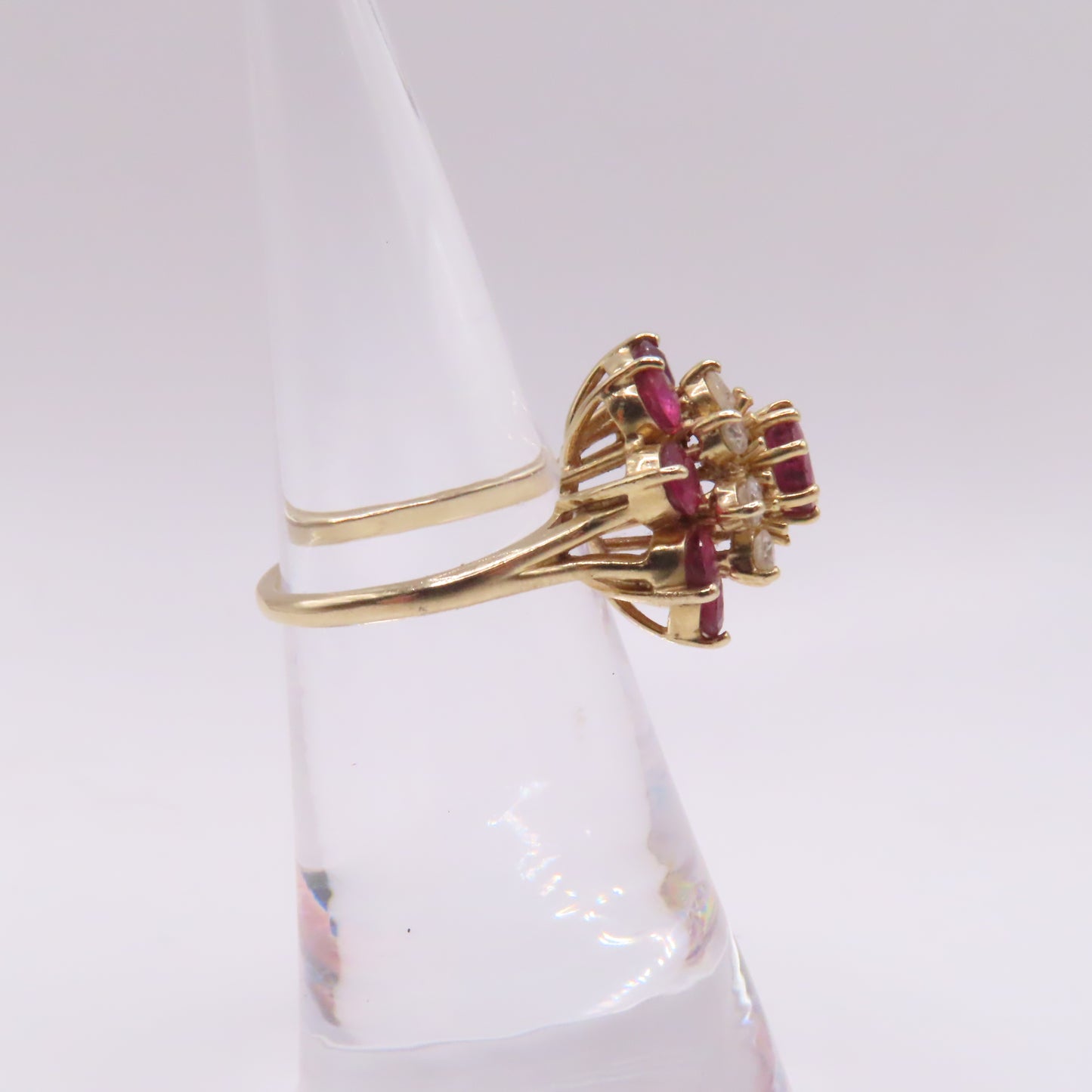 14K Yellow Gold Round Ruby and Diamond Tiered Cluster Ring Size 5 4.2g