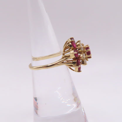 14K Yellow Gold Round Ruby and Diamond Tiered Cluster Ring Size 5 4.2g