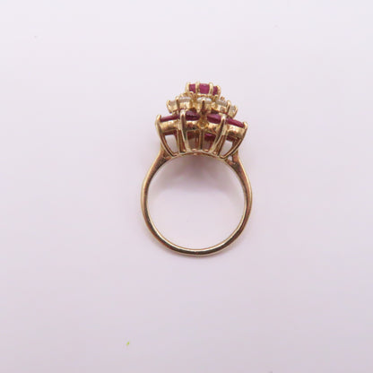 14K Yellow Gold Round Ruby and Diamond Tiered Cluster Ring Size 5 4.2g