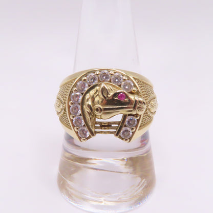 14K Yellow Gold Ruby Eye Horse CZ Horseshoe Virgin Mary Ring Size 10 6.7g