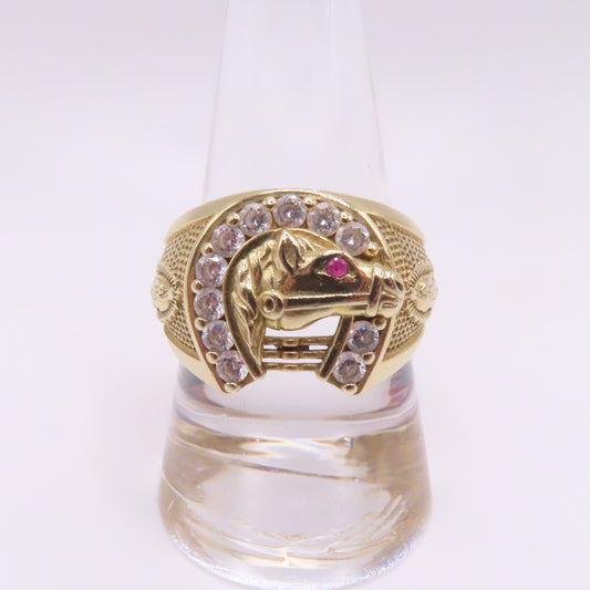 14K Yellow Gold Ruby Eye Horse CZ Horseshoe Virgin Mary Ring Size 10 6.7g