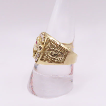 14K Yellow Gold Ruby Eye Horse CZ Horseshoe Virgin Mary Ring Size 10 6.7g