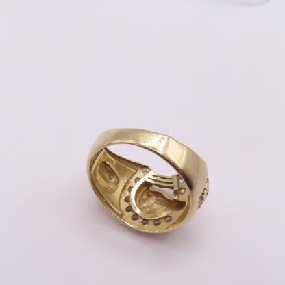 14K Yellow Gold Ruby Eye Horse CZ Horseshoe Virgin Mary Ring Size 10 6.7g