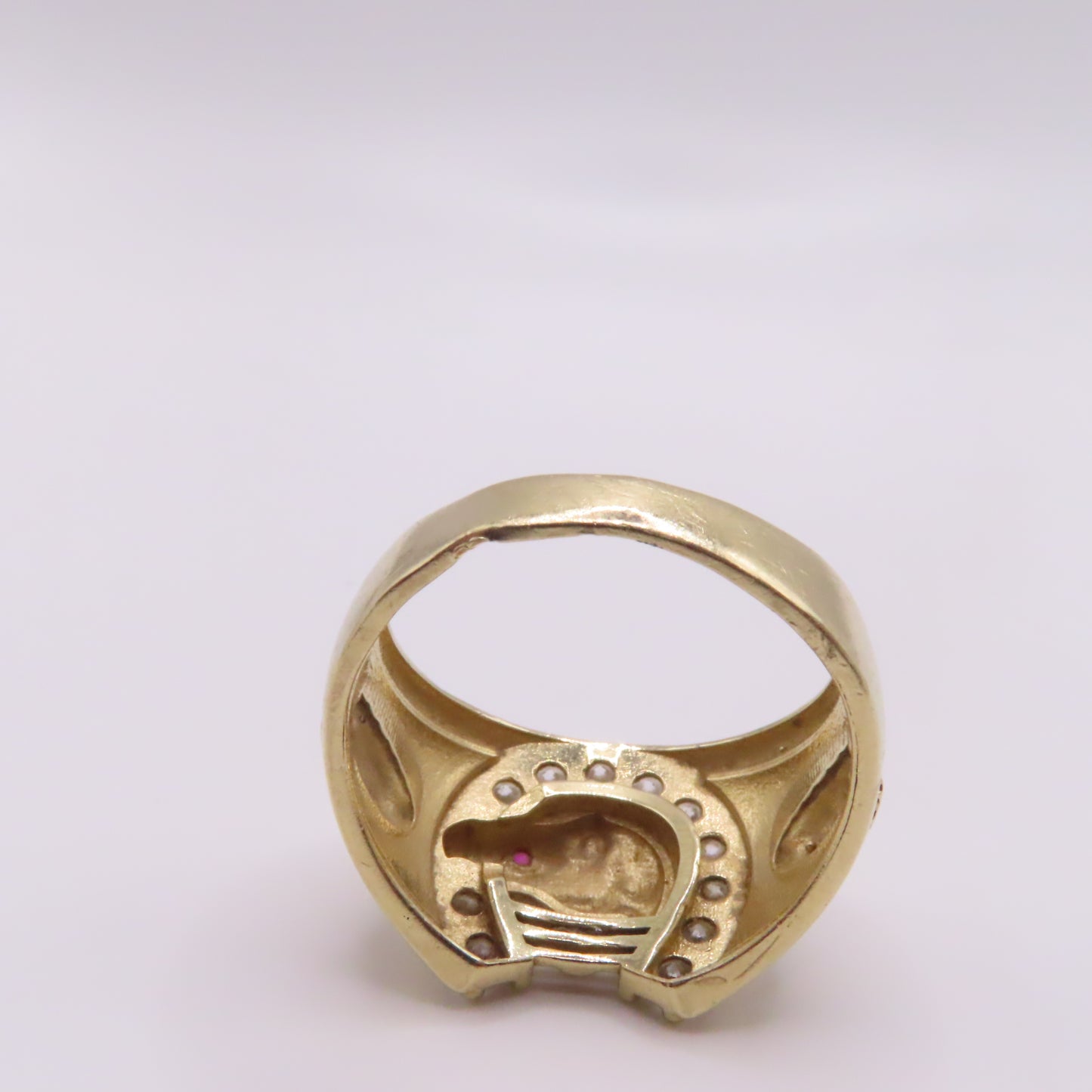 14K Yellow Gold Ruby Eye Horse CZ Horseshoe Virgin Mary Ring Size 10 6.7g