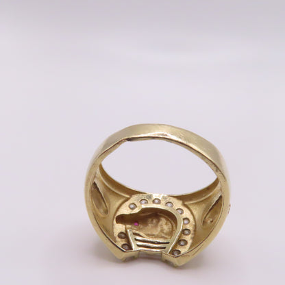 14K Yellow Gold Ruby Eye Horse CZ Horseshoe Virgin Mary Ring Size 10 6.7g