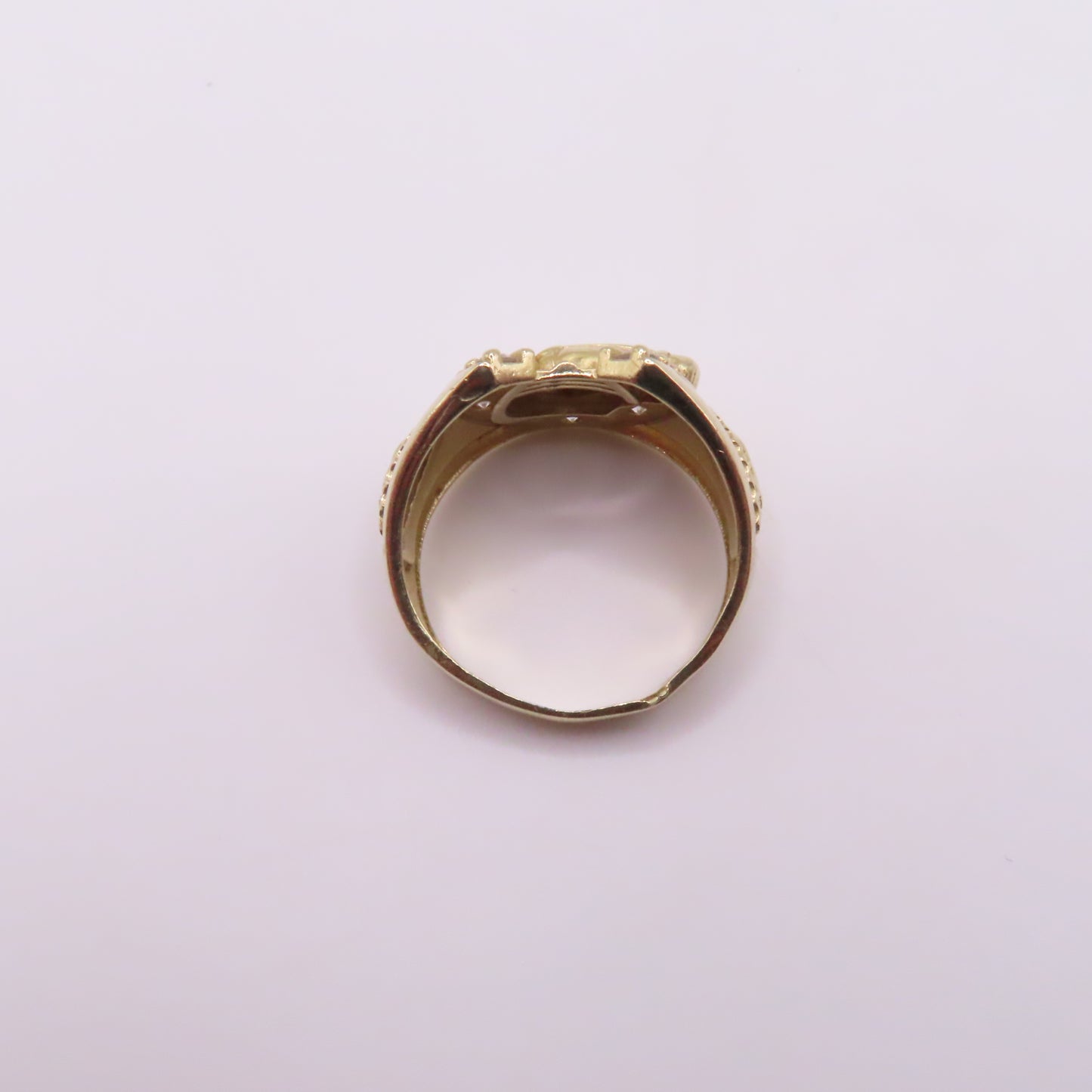 14K Yellow Gold Ruby Eye Horse CZ Horseshoe Virgin Mary Ring Size 10 6.7g