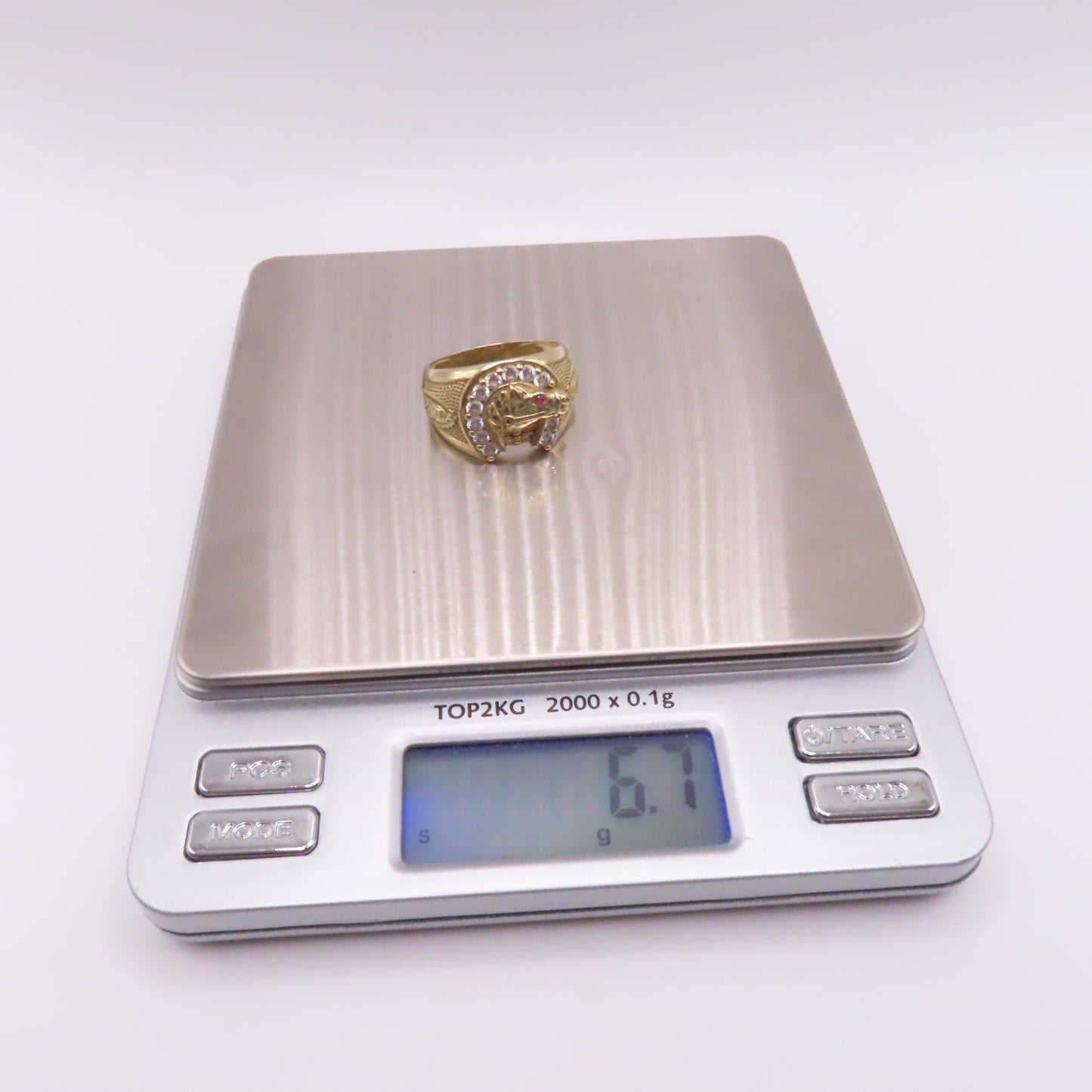 14K Yellow Gold Ruby Eye Horse CZ Horseshoe Virgin Mary Ring Size 10 6.7g