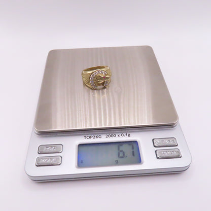 14K Yellow Gold Ruby Eye Horse CZ Horseshoe Virgin Mary Ring Size 10 6.7g