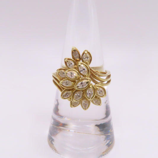 18K Yellow Gold Vintage Marquise Diamond Cluster Floral Ring Size 7.5 6.5g