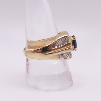 14K Yellow Gold Oval Sapphire and Round Diamonds Signet Ring Size 10 7.5g