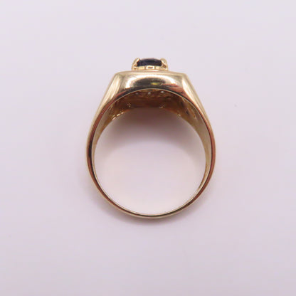 14K Yellow Gold Oval Sapphire and Round Diamonds Signet Ring Size 10 7.5g