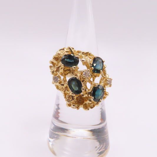 14K Yellow Gold Nugget Style Scattered Blue Sapphire and Diamond Ring Size 7 8.7g