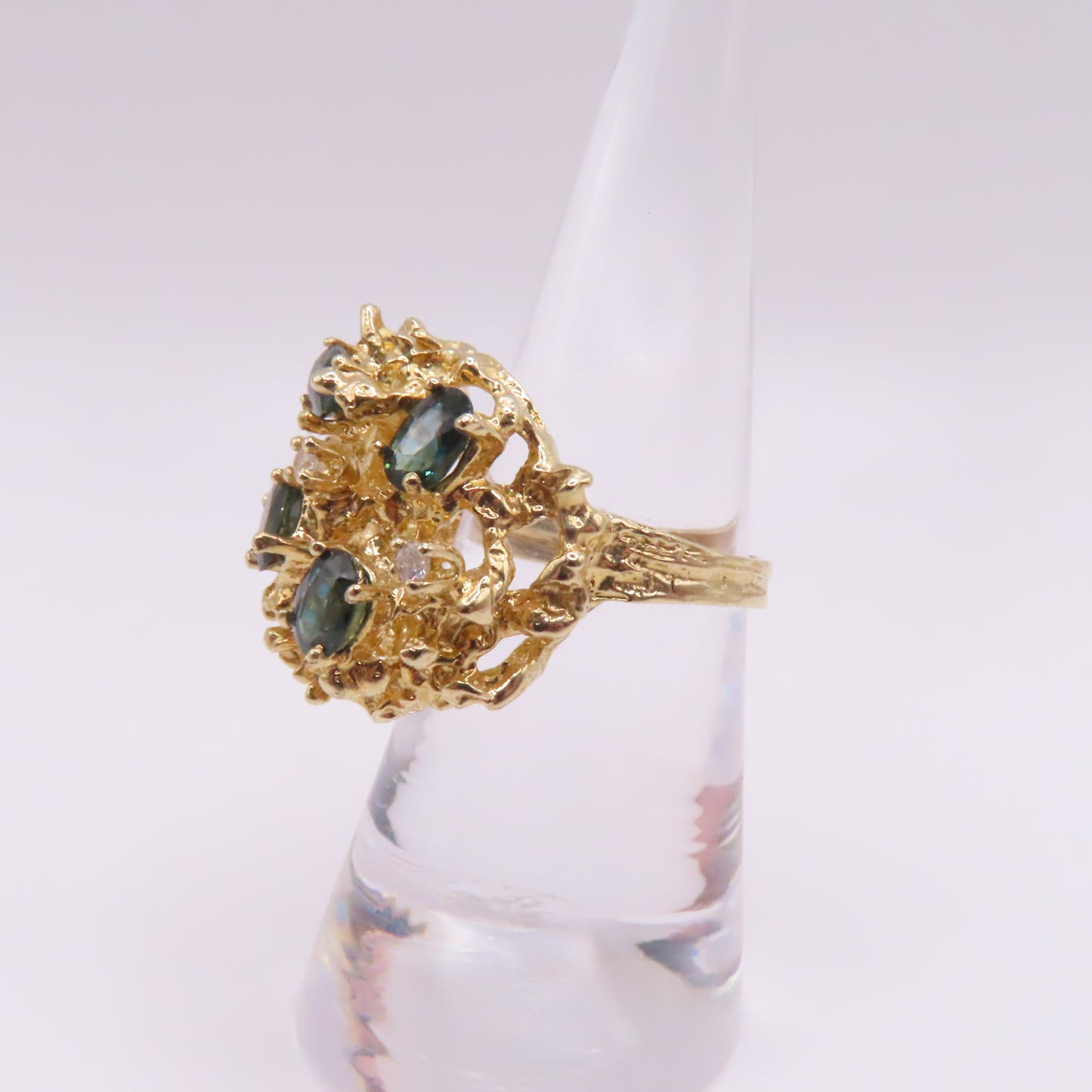 14K Yellow Gold Nugget Style Scattered Blue Sapphire and Diamond Ring Size 7 8.7g