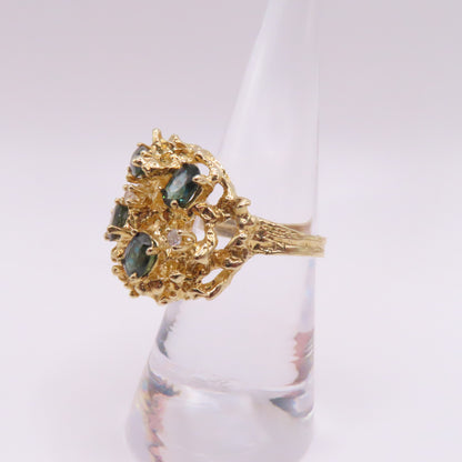 14K Yellow Gold Nugget Style Scattered Blue Sapphire and Diamond Ring Size 7 8.7g