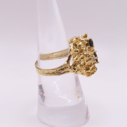14K Yellow Gold Nugget Style Scattered Blue Sapphire and Diamond Ring Size 7 8.7g