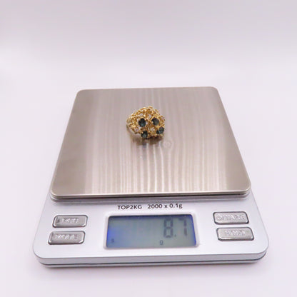 14K Yellow Gold Nugget Style Scattered Blue Sapphire and Diamond Ring Size 7 8.7g