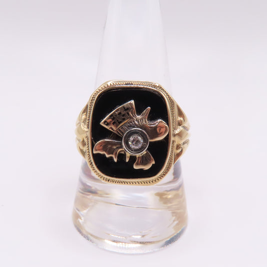 10K Yellow Gold Black Onyx and Diamond Signet Ring Size 10.5 5.6g