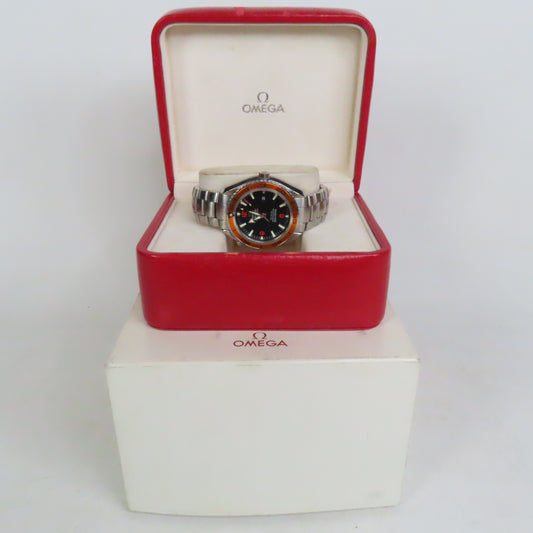 Omega Seamaster Planet Ocean 45mm Automatic Watch Black Dial Orange Bezel Stainless