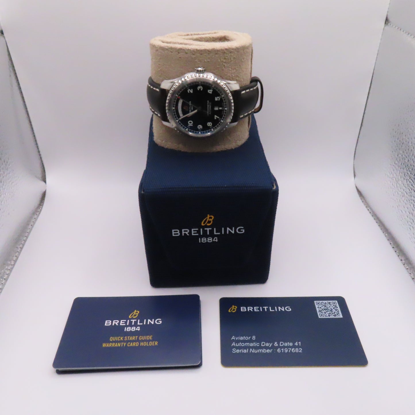 Breitling Aviator 8 Day Date 41mm Automatic Watch Black Dial Leather Band