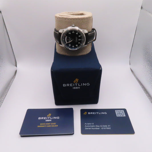 Breitling Aviator 8 Day Date 41mm Automatic Watch Black Dial Leather Band