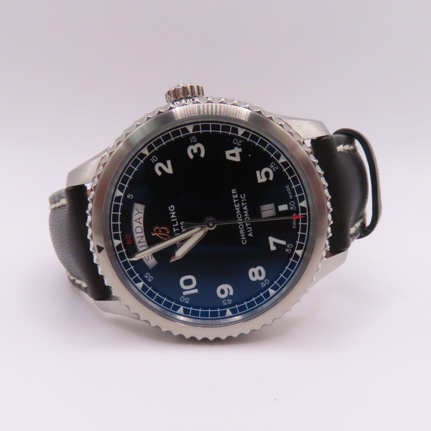 Breitling Aviator 8 Day Date 41mm Automatic Watch Black Dial Leather Band