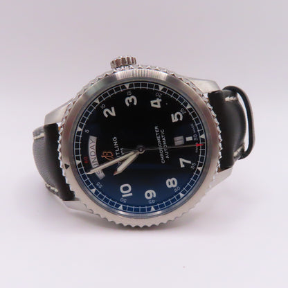 Breitling Aviator 8 Day Date 41mm Automatic Watch Black Dial Leather Band