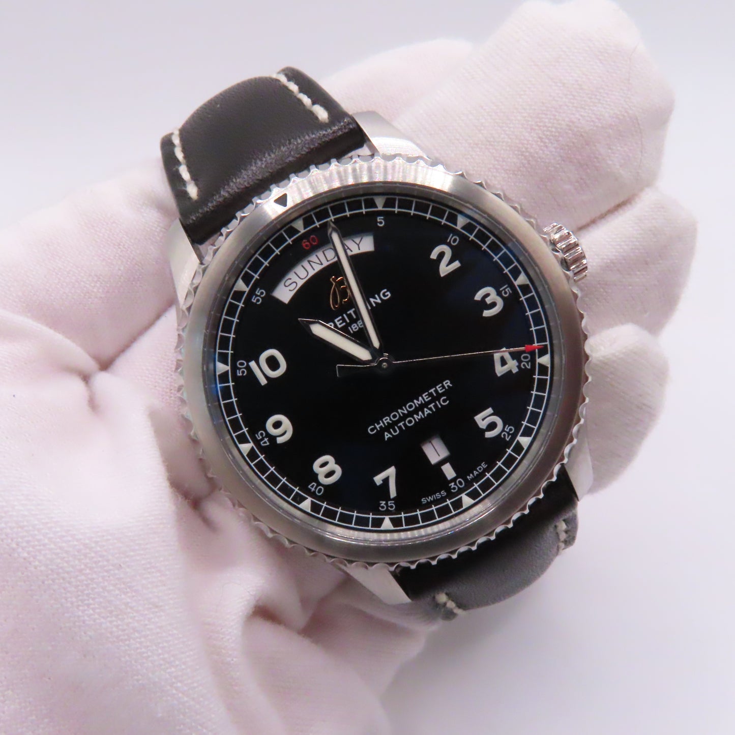 Breitling Aviator 8 Day Date 41mm Automatic Watch Black Dial Leather Band
