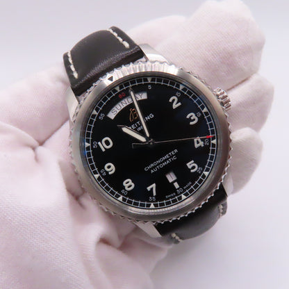 Breitling Aviator 8 Day Date 41mm Automatic Watch Black Dial Leather Band