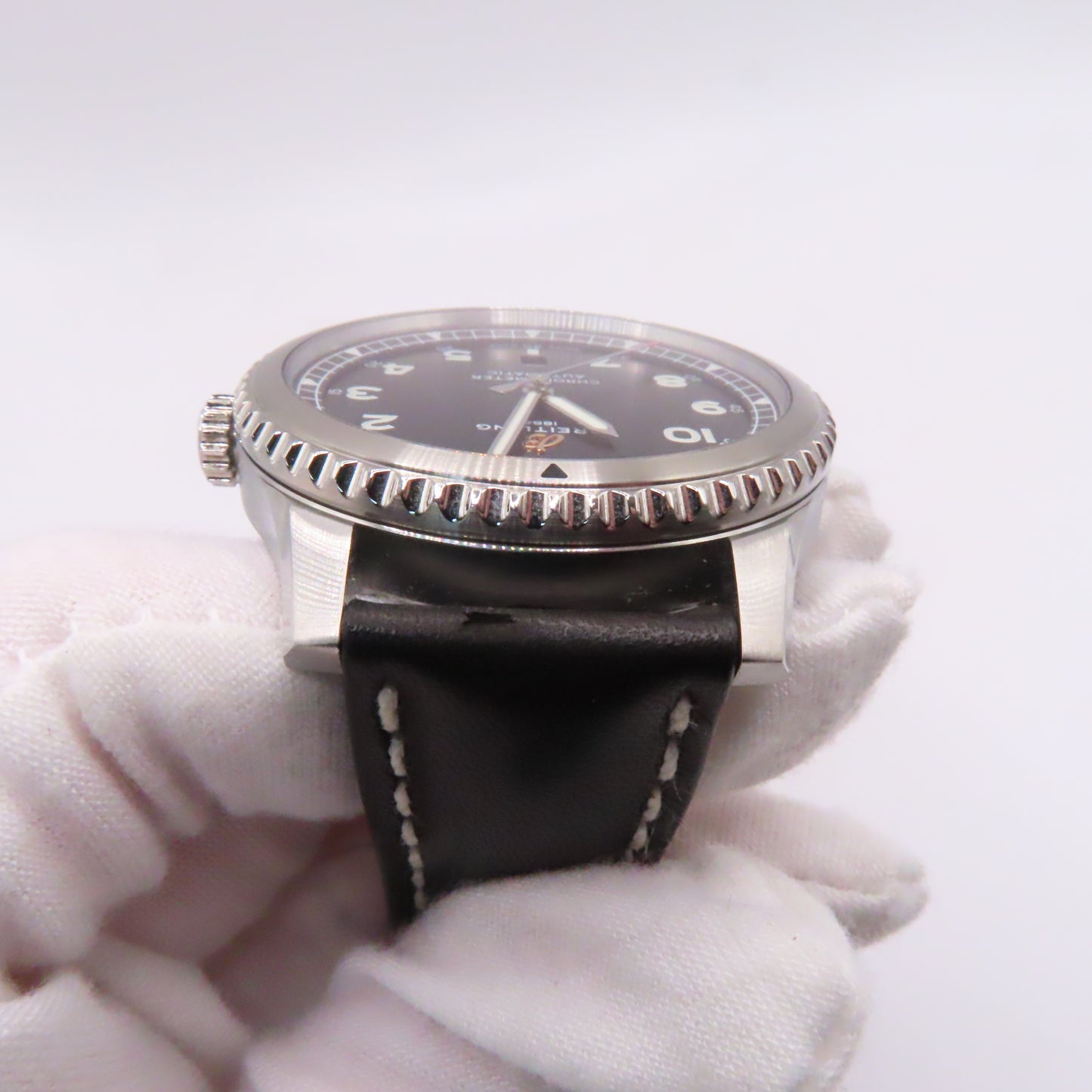 Breitling Aviator 8 Day Date 41mm Automatic Watch Black Dial Leather Band