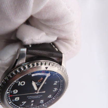 Breitling Aviator 8 Day Date 41mm Automatic Watch Black Dial Leather Band