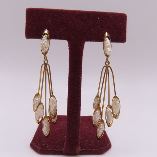 Vintage 14K Yellow Gold Baroque Pearls Dangle Earrings 2-1/4" 3.8g