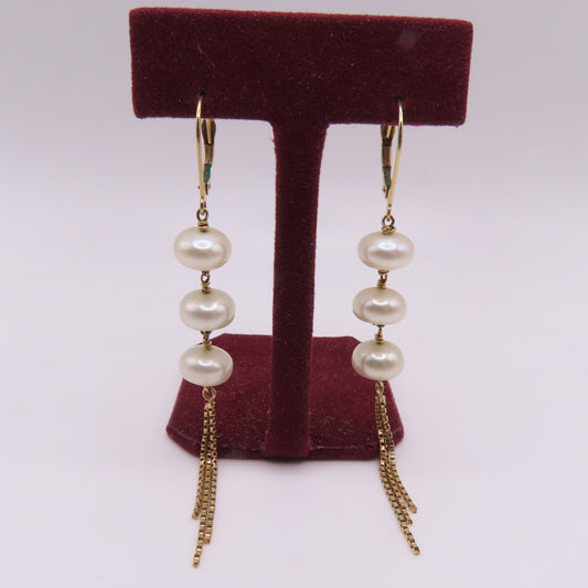 14K Yellow Gold Triple Pearl Dangle Box Chain Earrings 3" 5.2g