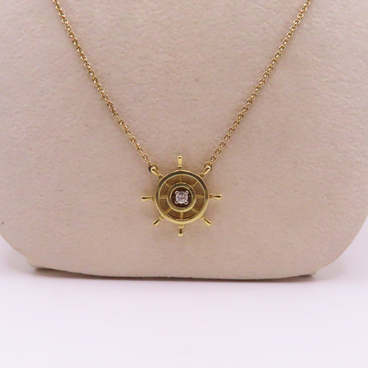 14K Yellow Gold Rolo Chain Integrated Mariner's Ship Wheel Diamond Pendant 22.5" 7.3g