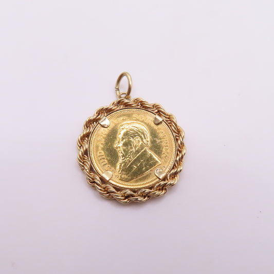1/10 Oz South African Kurgerrand Gold Coin 14K Rope Bezel Pendant 1" 4.4g