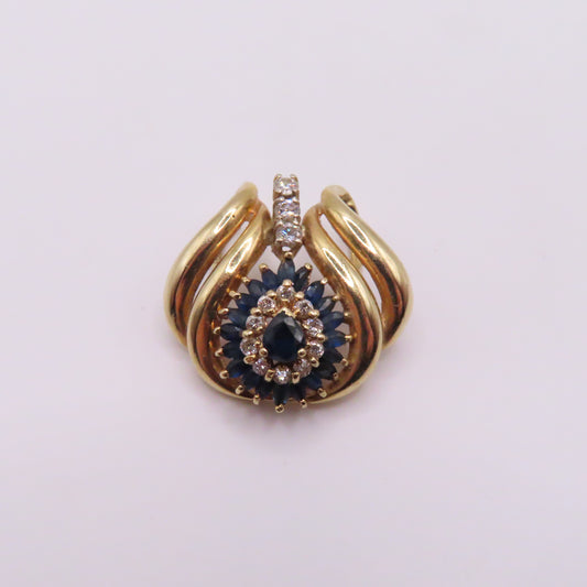 Vintage 14K Yellow Gold Diamond and Sapphire Cluster Pendant 1" 7.1g