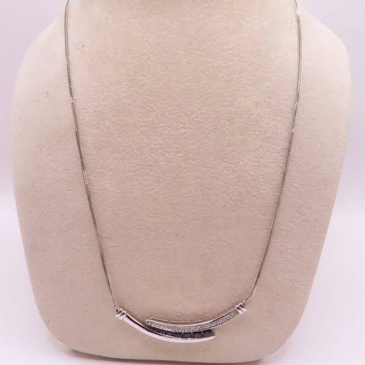 10K White Gold Foxtail Integrated Sapphire & Diamond Curved Bar Pendant Necklace 18.5" 5.8g