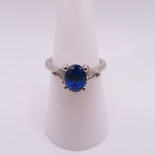 14K White Gold Oval Sapphire Trillion Diamond Ring Size 7.25 4.6g