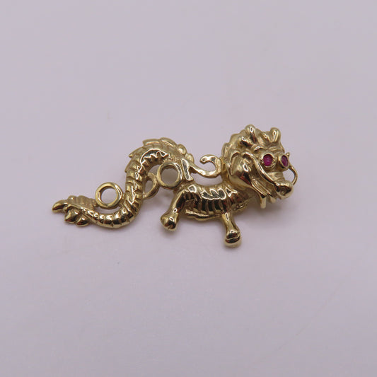 10K Yellow Gold "2000" Dragon with Ruby Eyes Pendant 1" 1.7g