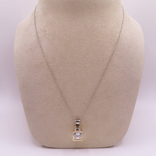 14K White Gold Cable Chain with Two-Tone Princess Cut CZ Pendant 4.9g