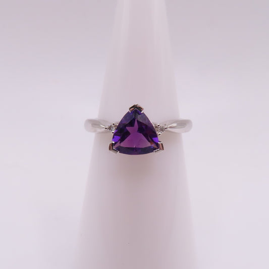 14K White Gold Trillion Cut Amethyst & Diamond Ring Size 5.25 2.5g