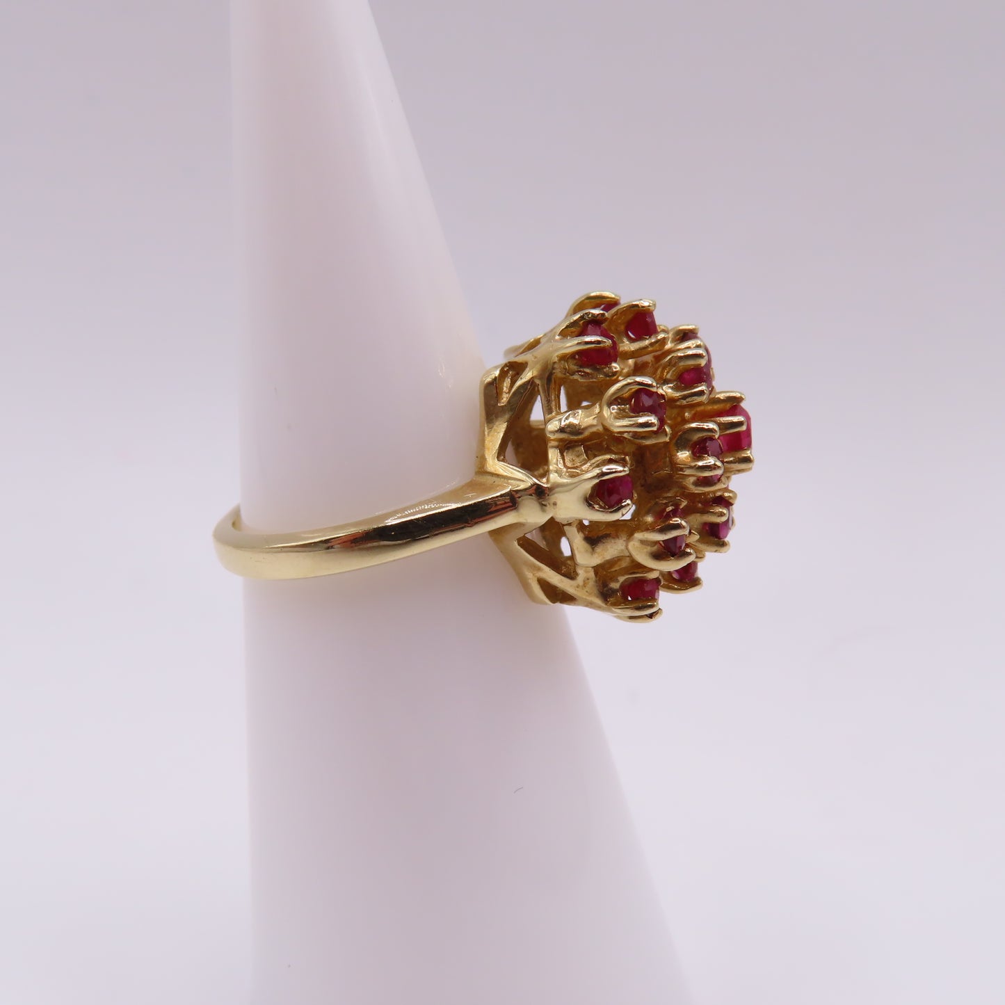 14K Yellow Gold Ruby Cluster Cocktail Statement Dome Ring Size 5 6.3g