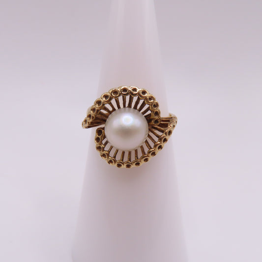 14K Yellow Gold Round Pearl Swirl Sunburst MCM Ring Size 5.25 3.4g