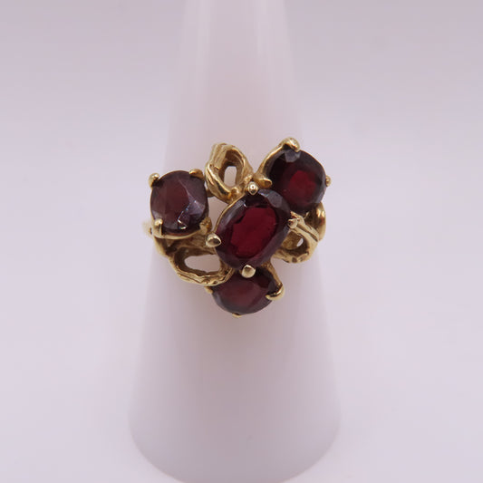 14K Yellow Gold Oval Garnet Cluster Open Work Cocktail Ring Size 8.25 3.8g