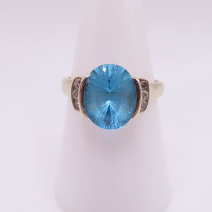 14K White Gold Oval Blue Topaz & Diamond Accent Statement Ring Size 8.25 4.4g