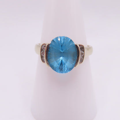 14K White Gold Oval Blue Topaz & Diamond Accent Statement Ring Size 8.25 4.4g