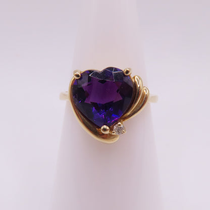 14K Yellow Gold Heart Shaped Amethyst & Diamond Accent Cocktail Ring Size 6.25 3.5g