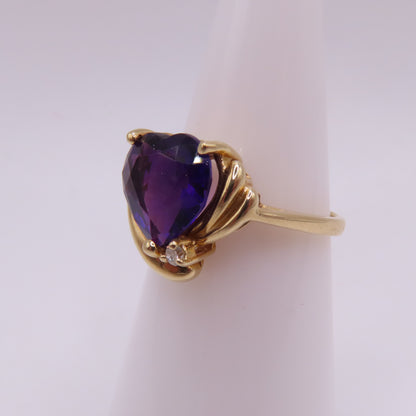 14K Yellow Gold Heart Shaped Amethyst & Diamond Accent Cocktail Ring Size 6.25 3.5g