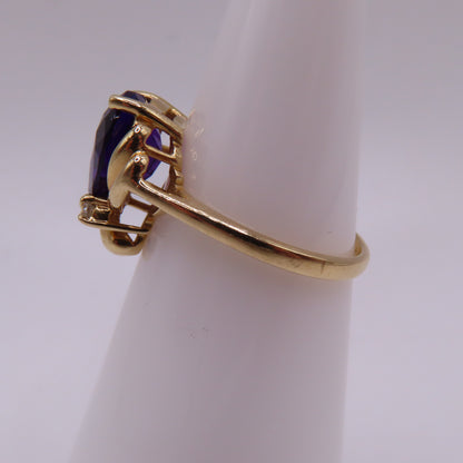 14K Yellow Gold Heart Shaped Amethyst & Diamond Accent Cocktail Ring Size 6.25 3.5g