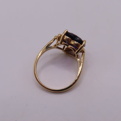 14K Yellow Gold Heart Shaped Amethyst & Diamond Accent Cocktail Ring Size 6.25 3.5g